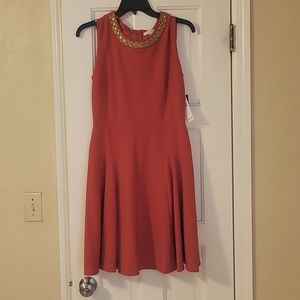 Red sheath dress with gold beaded collar